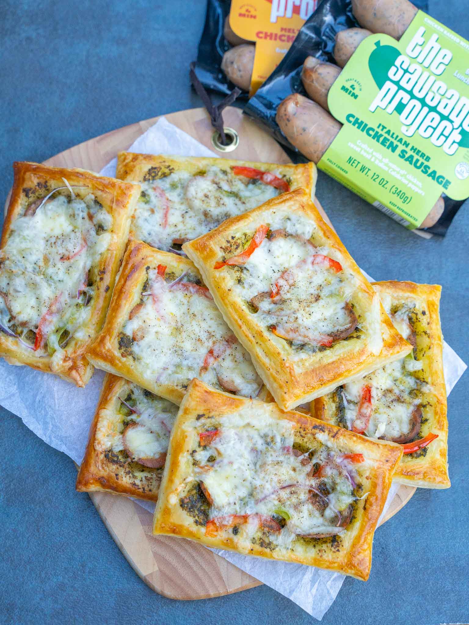 Cheesy sausage puff pastry squares
